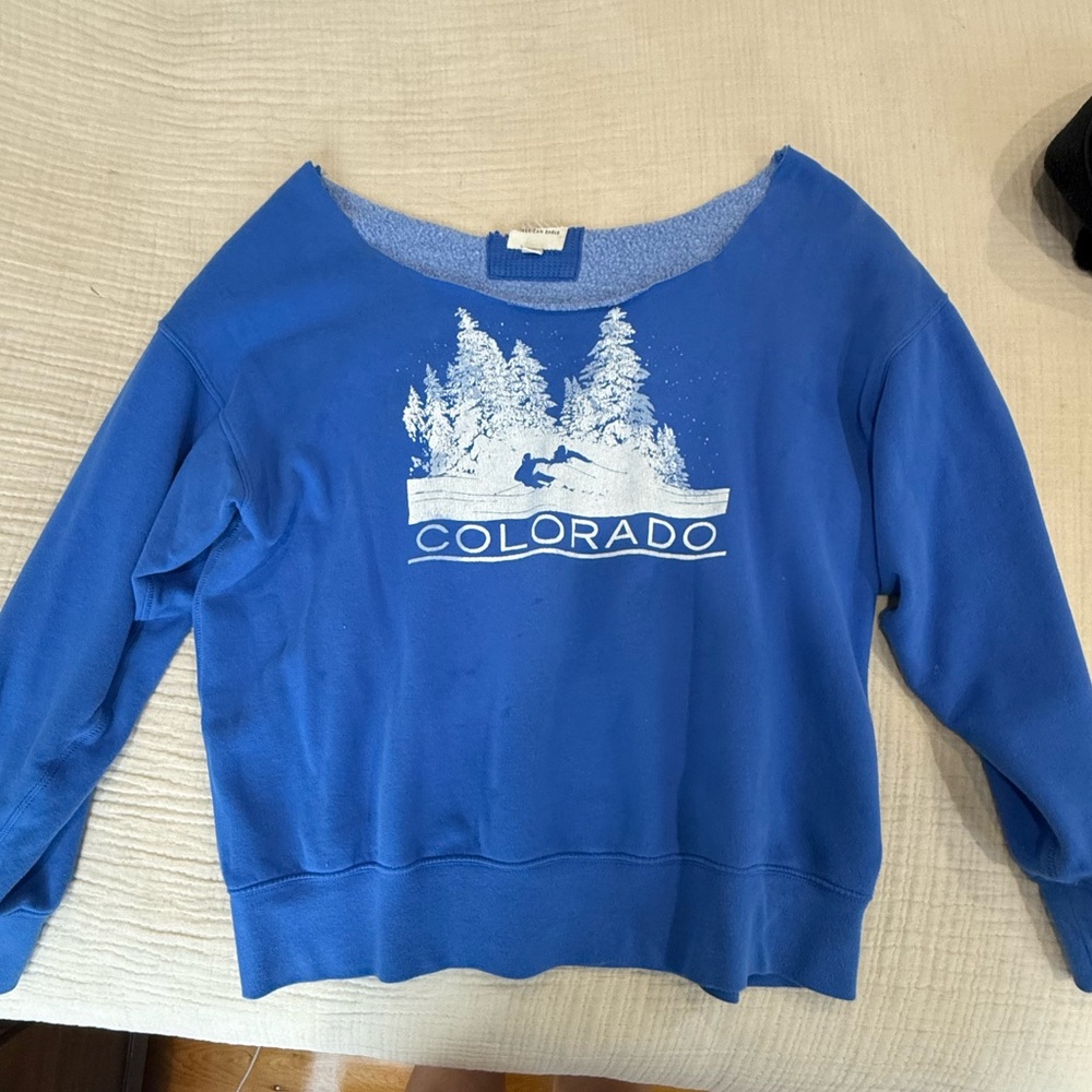 American Eagle Blue Off-the-Shoulder Graphic Sweater